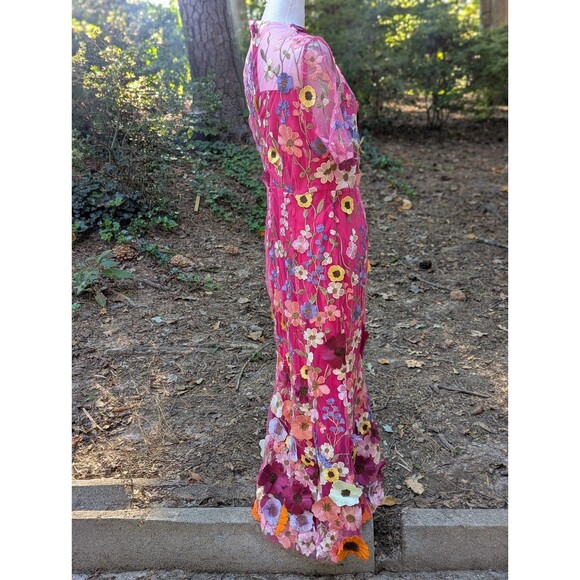 DALIA MACPHEE Lace Embroidered 3D Pink Floral Appliqué Maxi Dress Gown D2020 Med - Picture 2 of 15